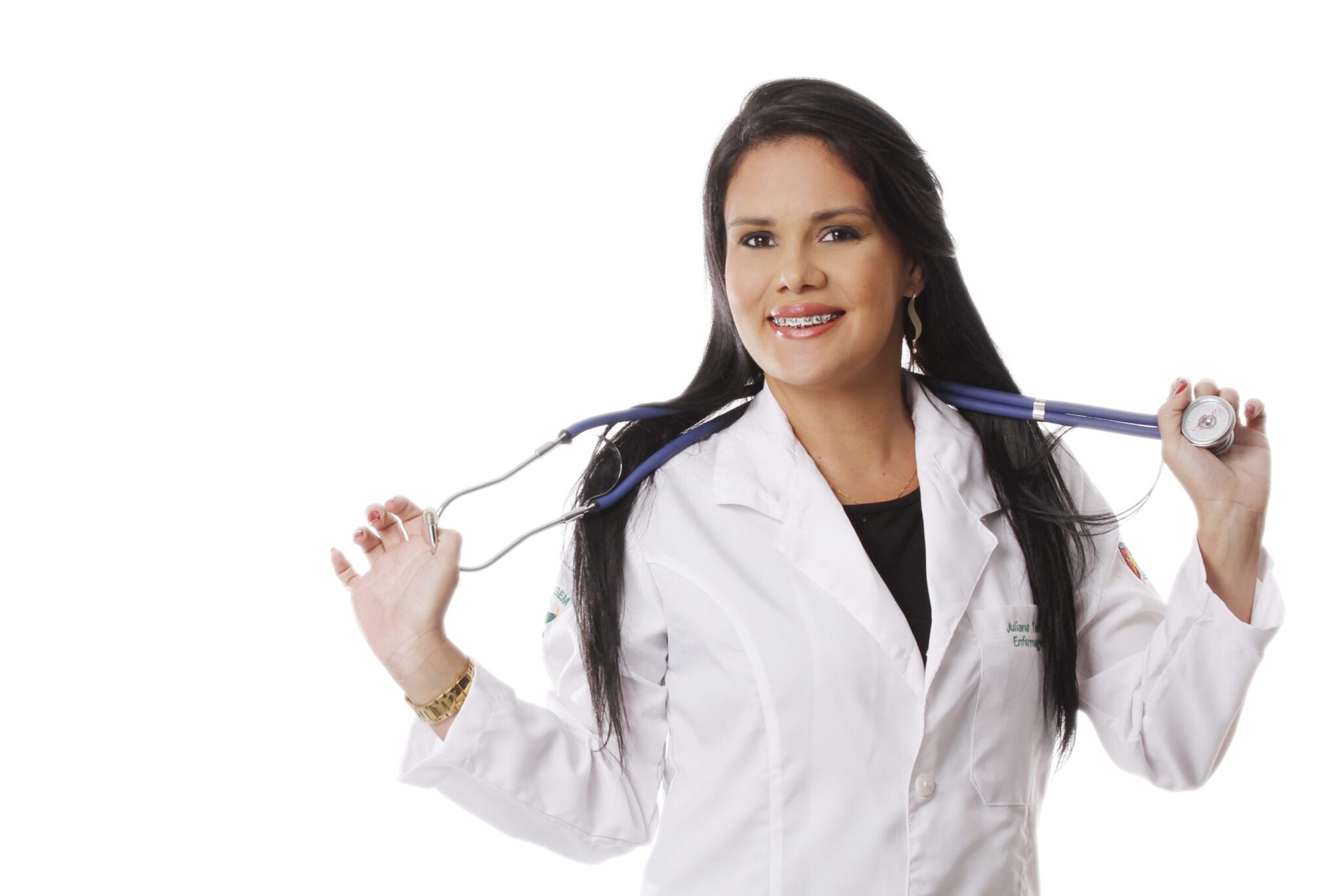 A female nurse in a white nurse coat.
