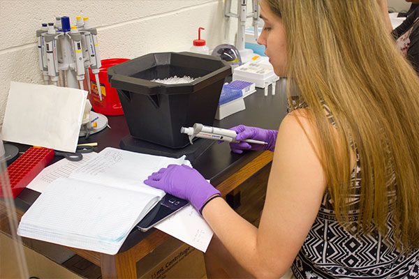 A female student reading her lab journal.